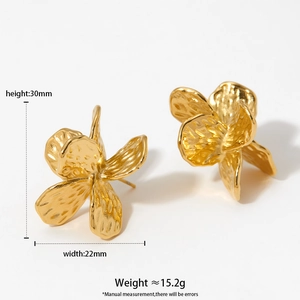 Artistic gold flower petal earrings in stainless steel showing size 30mm x 22mm dimensions