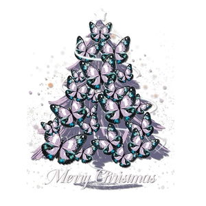 Christmas tree sticker made of purple butterflies with a glowing star and Merry Christmas text