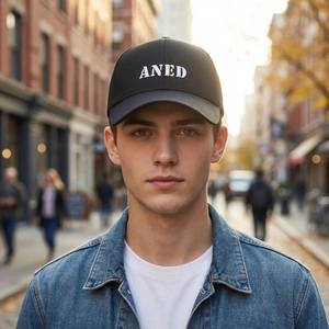 Classic black structured baseball cap with white ANED embroidery for casual outdoor wear