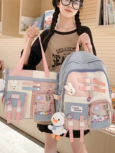 Cute Japanese style patchwork school backpack for girls featuring a rabbit plush toy