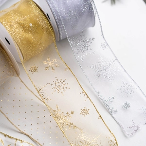 Sparkling snowflake pattern mesh ribbon in gold and silver for Christmas tree DIY decor
