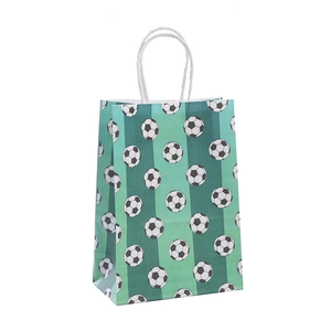 Green soccer printed paper gift bag with white twisted handles for sports party favors