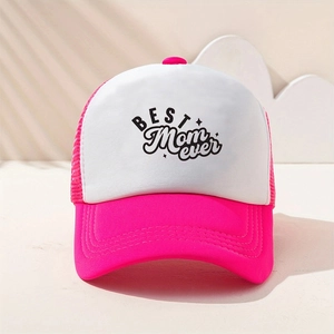 Detail of Best Mom Ever mesh trucker hat with pink accents and decorative leaf shadows
