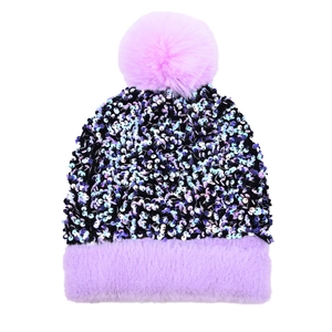 Detail of light purple knit hat featuring shimmering sequins and a fluffy faux fur pom-pom