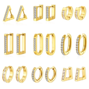 Fashion Stainless Steel Geometric Rhinestone Ear Clasp Earrings For Women 18K Gold Plated Rhinestone Hoop Earrings Jewelry