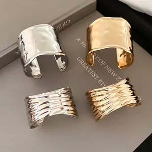 Wide Cuff Bracelet Metal Hammered Textured Wrinkled Open Armband Modern Minimalist Adjustable Fashion Bangle For Women