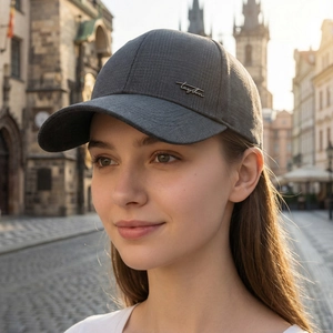Men's dark grey baseball cap with checkered texture and silver metal logo on side