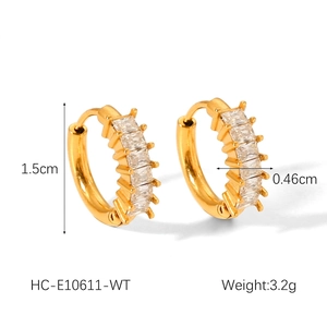 Detailed view of gold stainless steel hoop earrings with rectangle zircon inlay and dimensions