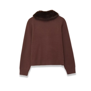 Back view of brown knit top featuring a plush faux fur collar for winter style