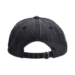 Detail view of washed denim baseball cap with adjustable metal buckle and ventilation eyelets