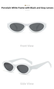 Macro detail of retro oval white sunglasses with dark grey lenses in front and side views