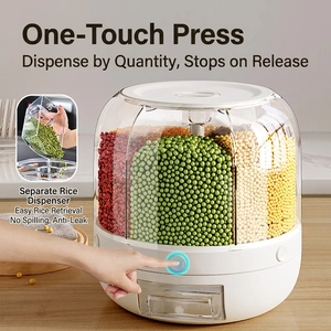 Rotating cereal dispenser with compartmentalized storage for grains and rice bucket