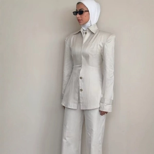 Elegant off-white modest suit with waist-cinched blazer and straight trousers set