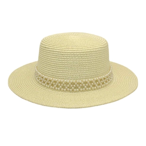 Beige flat top straw sun hat featuring elegant triple-row pearl wrap decoration
