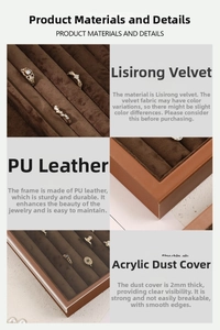 Close-up of brown PU leather jewelry tray with soft velvet lining and acrylic lid for rings