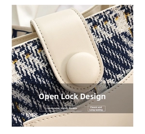 Macro detail of vintage tweed and ivory leather patchwork bag with buckle closure