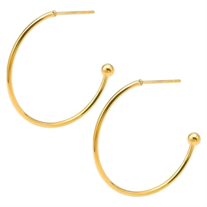Detailed view of polished 18K gold-plated C-shaped hoop earrings with spherical ends