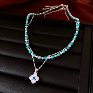 Double Layer Necklace Copper Synthetic Turquoise Four Leaf Clover Pendant Zircon Vintage Bohemian Style Jewelry Women