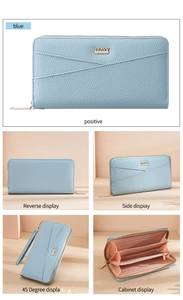 Sky blue long leather wallet showing internal card slots and zippered coin pouch detail