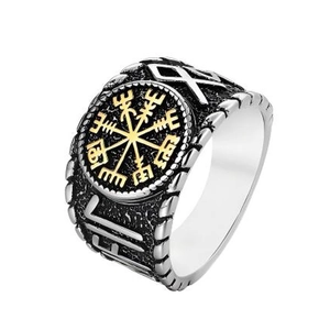 Nordic Viking compass ring with silver and gold Vegvisir symbol and rune engraving