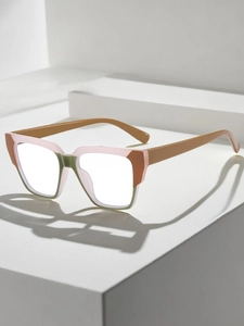 Detail of square TR90 blue light blocking glasses with pink and brown color block frame