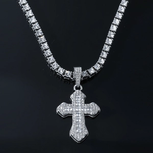 Hip hop silver cross pendant necklace with sparkling rhinestones on a tennis chain