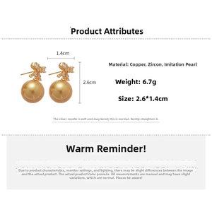 Detailed specs of bowknot pearl earrings with dimensions 2.6x1.4cm and 6.7g weight