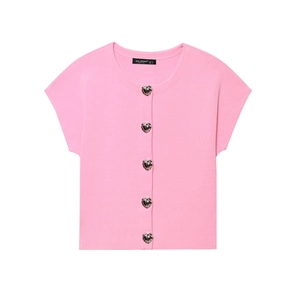 Pink Short Sleeve Knit Cardigan Round Neck Top With Silver Heart Buttons Elegant Sweet Polyester Solid Knitwear