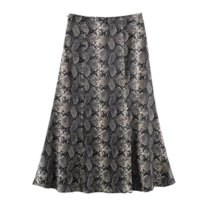 High-waist A-line midi skirt featuring a realistic snakeskin pattern on satin fabric