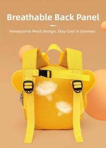 Detail of breathable honeycomb mesh back and adjustable padded straps on yellow bee backpack
