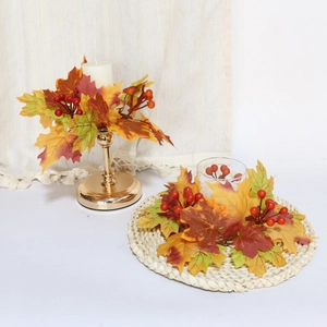 Golden harvest festival candle holder with maple leaves and berries for table decor