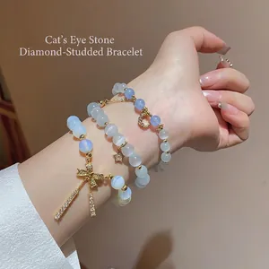 Elegant Cat Eye Stone Beaded Bracelet With Copper Zircon Star Moon Bowknot Charms Celestial Dainty Jewelry For Women