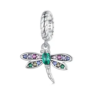 925 Sterling Silver Dragonfly Charm Bead Colorful Cubic Zirconia Animal Pendant For DIY Bracelet Necklace Women Jewelry