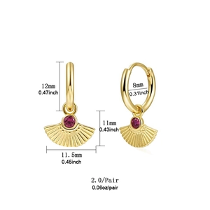 Gold fan-shaped drop earrings with red zircon and precise size measurements
