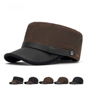 Winter thermal flat top military cap in dark brown suede and black leather accents