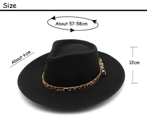 Size chart for black wide brim wool fedora hat with leopard print band detail