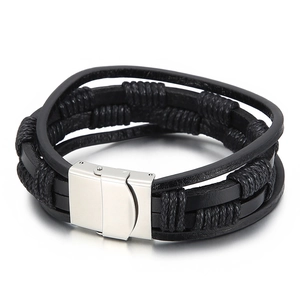 Multi-layer black braided leather bracelet for men with silver polished stainless steel clasp