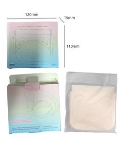 Detailed views of light pink silicone storage bag with product dimensions and packaging info