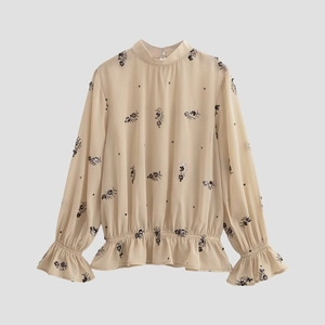 Chemisier En Mousseline Pour Femmes Avec Broderie De Paillettes Florales Col Montant Manches Longues Poignets À Volants