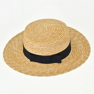 Classic Wheat Straw Boater Hat For Women Flat Top Summer Sun Hat With Black Bow Ribbon For Travel Beach Elegant Breathable
