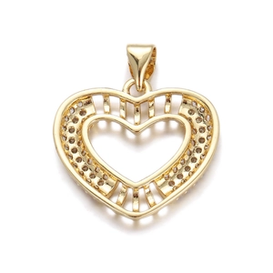 Close-up of gold-plated heart pendant with evil eye diamonds and hollow edges
