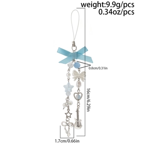 Detail of blue bow keychain with star beads and silver heart charms for bags