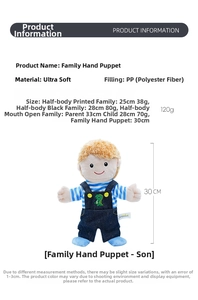 Detail view of 30cm son hand puppet with blonde hair and striped shirt for roleplay