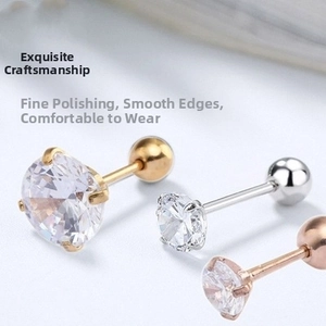 Detail of 18K plated stainless steel screw back stud earrings with 6-prong round zircon