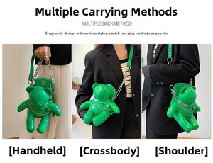 Green bear-shaped PU leather bag shown in hand-carry, crossbody, and shoulder styles