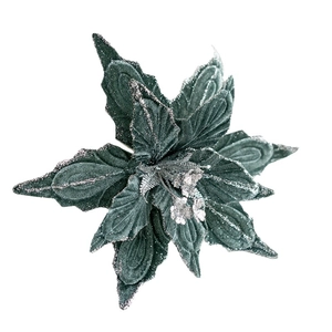 Green velvet poinsettia Christmas flower decoration with silver glitter trim 28cm