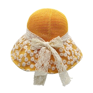 French floral mesh sun hat with large brim and white daisy lace bow decoration