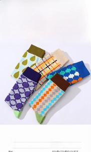 Detail of trendy crew socks showing 80% cotton fabric and various geometric patterns