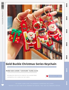 Close-up of PVC Santa and snowman keychains with Merry Christmas red wrist straps
