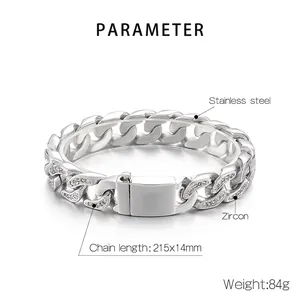 Macro shot of stainless steel Cuban chain bracelet with cubic zirconia and 215x14mm dimensions